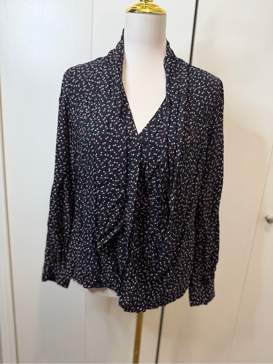 PAIGE Tops - PAIGE Black Blouse with Pink Dot Print and Draped Tie Neck
